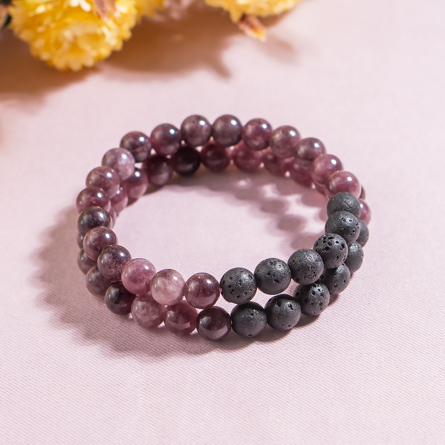 Pink Tourmaline Diffuser Bracelet With Lava Beadset
