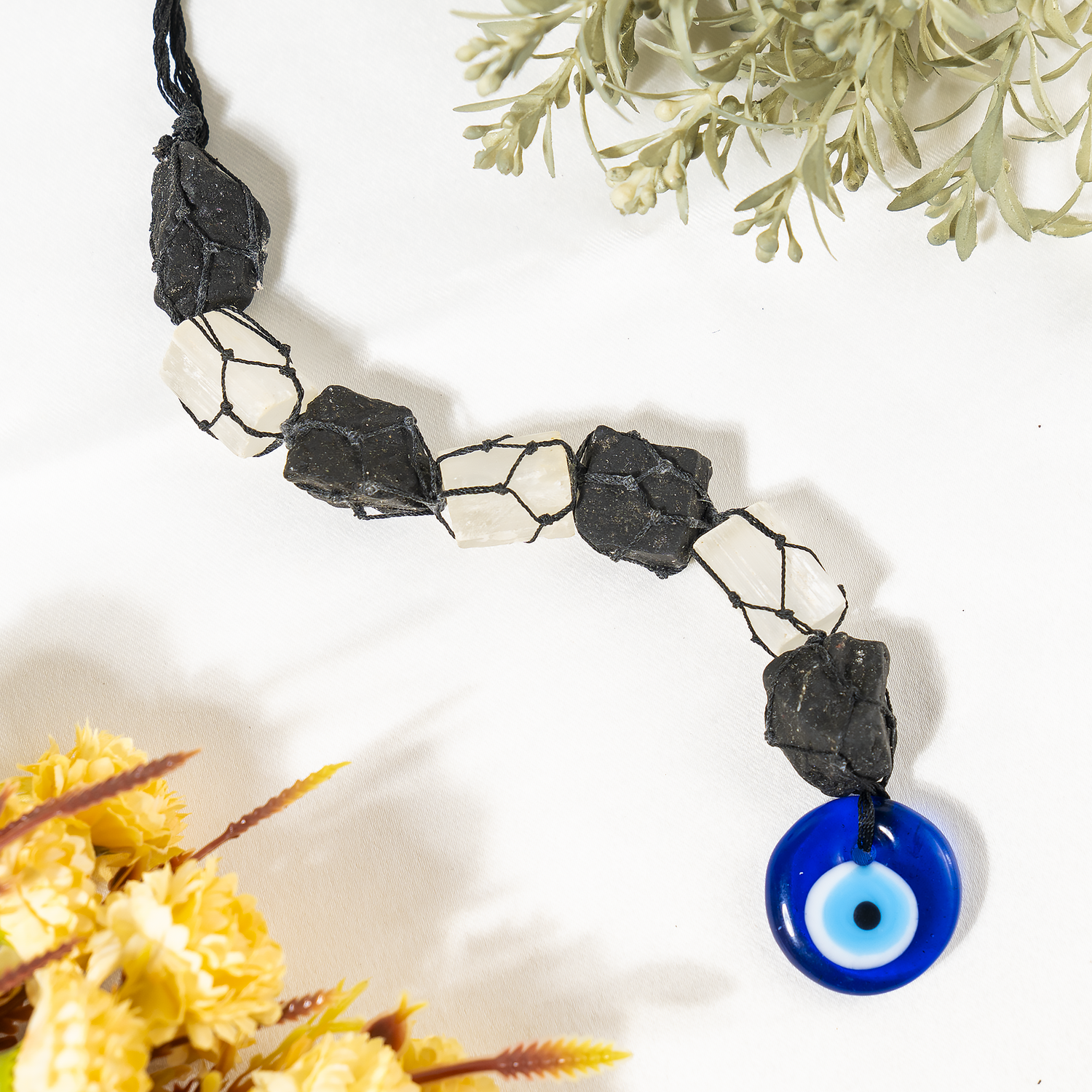 Black Tourmaline & Selenite With Evil Eye Crystal Car Hanger and Home Decor