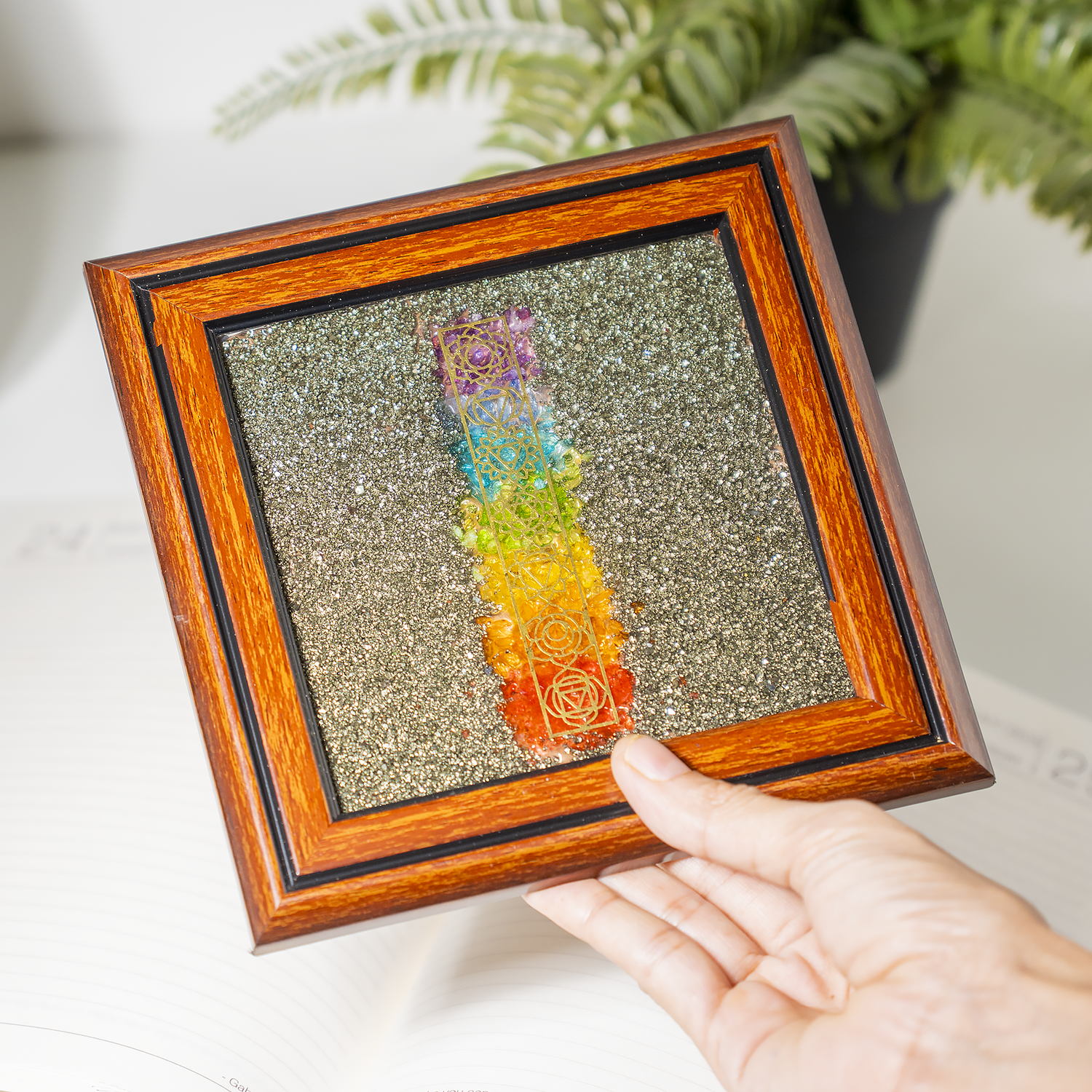 Raw Pyrite Frame with 7 Chakra Stones
