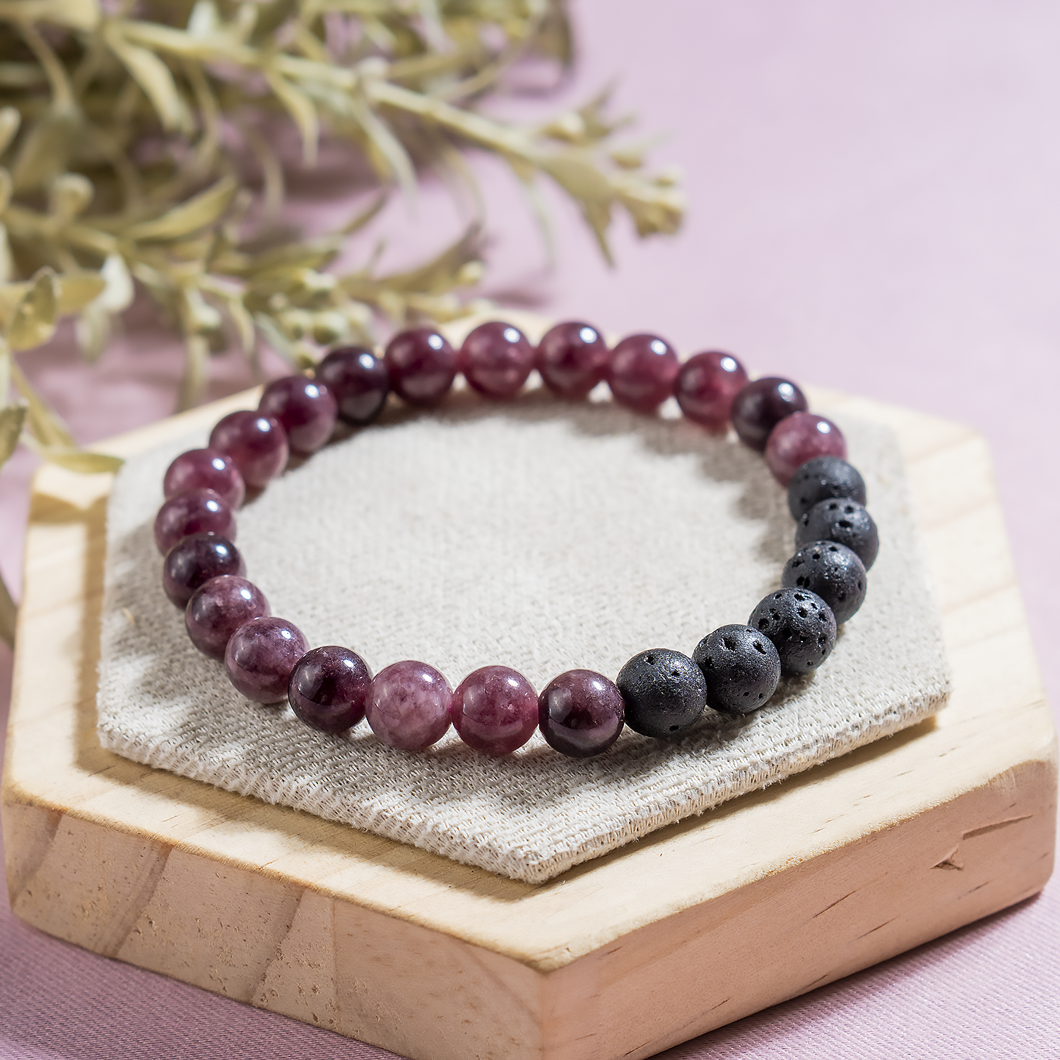 Pink Tourmaline Diffuser Bracelet With Lava Beadset