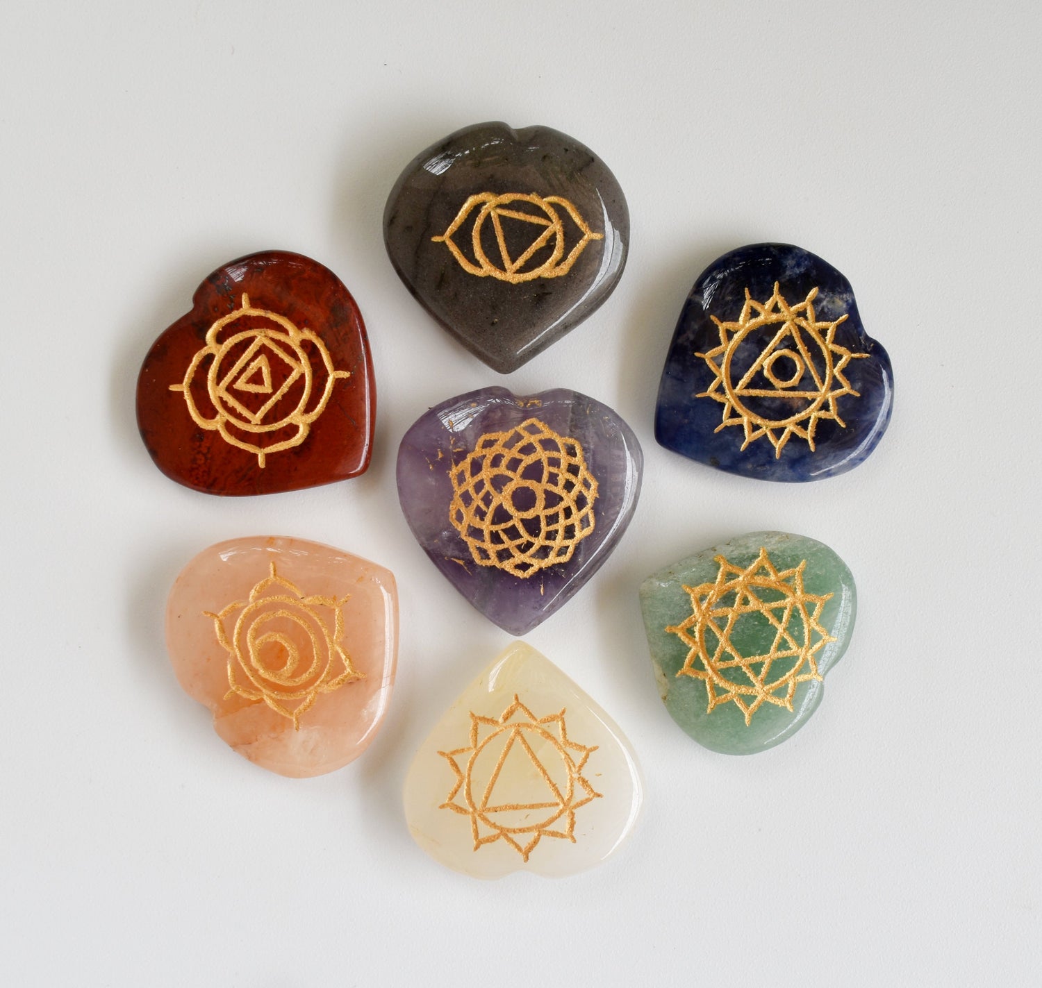 Heart Shaped Reiki 7 Chakra Stones Set, Chakra Set